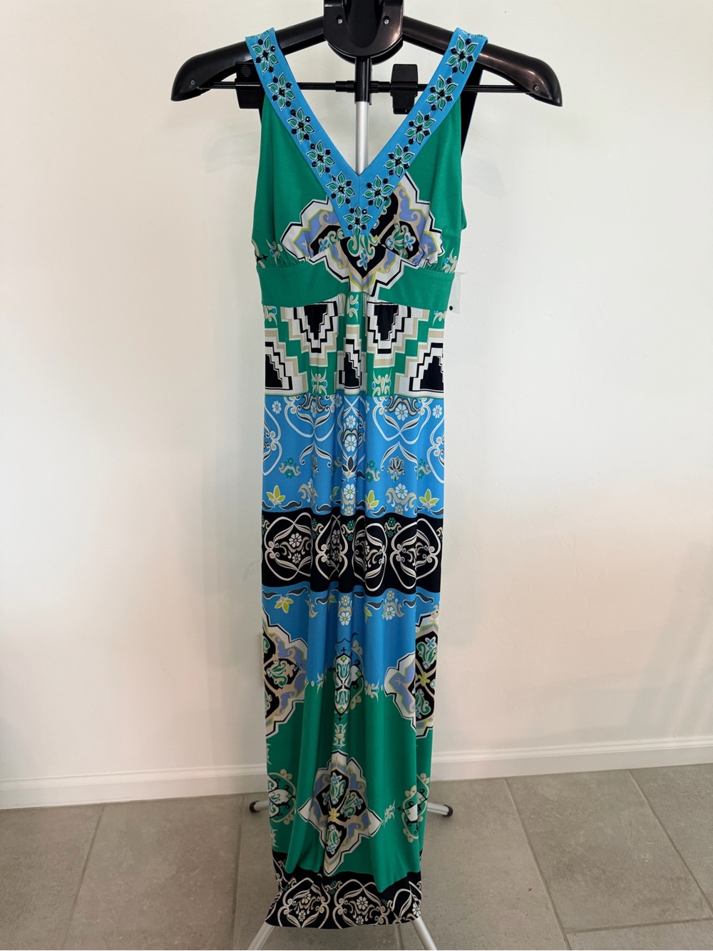 Style & Co. Green and Blue Patterned V-Neck Maxi Dress
